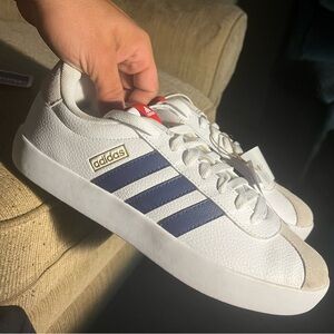 Adidas White with Navy Stripes Sneakers, VL Court 3.0